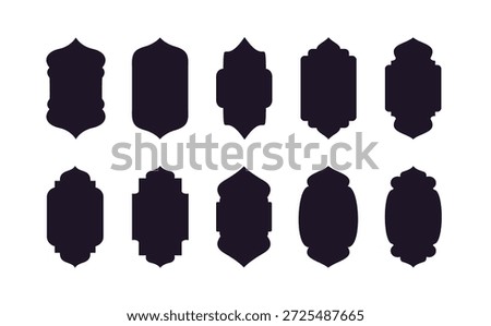 Islamic door and window silhouettes in Arabic arches. Oriental label collection. Frames with Arabic Muslim designs for Ramadan Kareem. Isolated mosque gate shapes.
