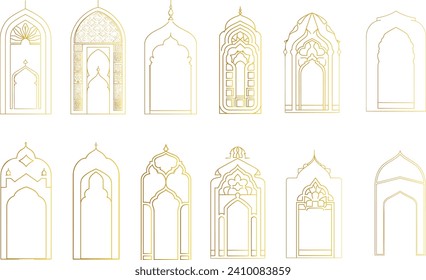 Islamic door and window vector set, Islamic architecture, ornate door design, decorative door and window