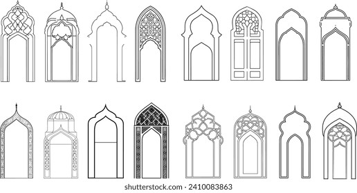 Islamic door and window vector set, Islamic architecture, ornate door design, decorative door and window