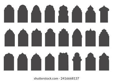 Islamic doors and arabian windows set. Mosque islamic frames. Muslim oriental shapes design for Ramadan. Vector silhouette elements