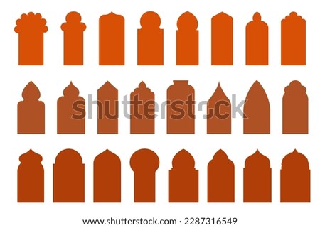 Islamic doors and arabian windows set. Mosque islamic frames. Muslim oriental shapes design for Ramadan. Vector silhouette elements