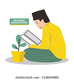 Ilustración de la educación islámica de un niño leyendo un libro