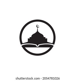 Logo del vector de la escuela de educación islámica con diseño de mezquitas y libros