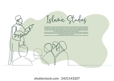 Islamic educational background. Line art of Islamic scholars giving lessons to Muslim students. Islamic theme background