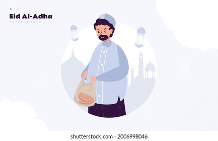 Islamic Eid Adha Mubarak greeting with a Muslim distributing sacrificial meat concept