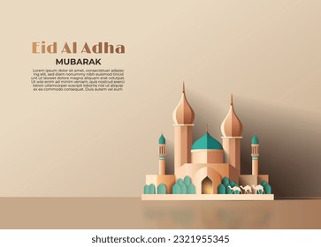 islamic eid al adha greeting card with mosque paper cut style vector illustration 