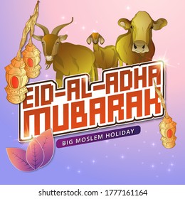 Islamic eid al adha mubarak concept for banner with goat and cow illustration Hand Drawn Vector