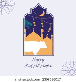 islamic eid al adha sacrificial day greeting card with ornamental arabic frame with sacrificial cow