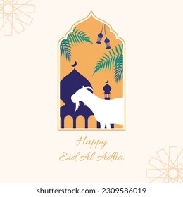 islamic eid al adha sacrificial day greeting card with ornamental arabic frame with sacrificial goat