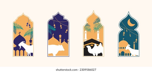 islamic eid al adha sacrificial day greeting card with ornamental arabic frame with sacrificial sheep goat cow and camel