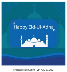 Islamic eid al adha sacrificial day greeting card with ornamental arabic frame with sacrificial mosque and goat

