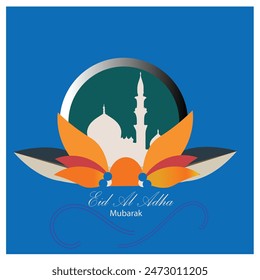Islamic eid al adha sacrificial day greeting card with ornamental arabic frame with sacrificial mosque and goat

