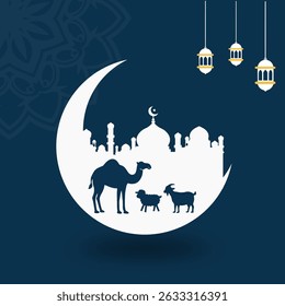 Islamic Eid al-Adha Celebration Vector Design Featuring Crescent Moon, Mosque Skyline, Sacrificial Animals. Ideal for Greeting Cards, Flyers, and Online Posts