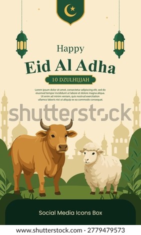 Islamic Eid al-Adha Greeting Poster with Cow and Mosquee Silhouette