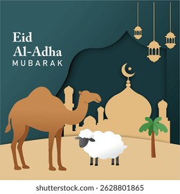 Banner vetorial do Eid Al-Adha Mubarak islâmico com camelo, ovelhas, silhueta de mesquita, lanternas suspensas e fundo noturno para cartões de saudação e banners online. Corte de papel 3D