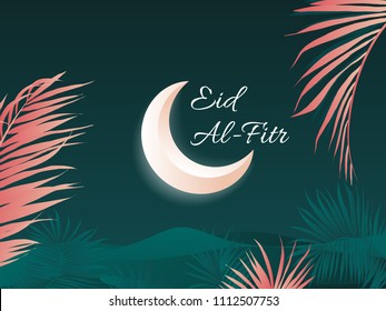 Islamic Eid al-Fitr festival greeting card, Night scene of shining moon, desert and palm leaves