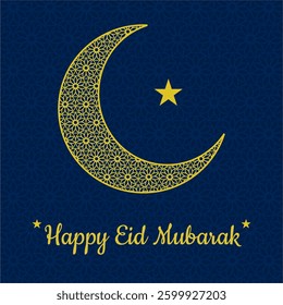 Islamic Eid background in dark blue. Crescent symbol with golden Islamic ornaments