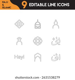 Ícones islâmicos e do Eid, da Sagrada Peregrinação, definidos em Vetor de Contorno para Criativos.