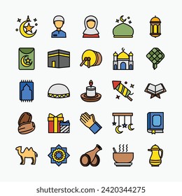 Icono de la celebración islámica de eid mubarak. Fiesta musulmana conjunto de iconos eid al fitr.