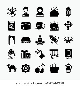 Islamic eid mubarak celebration icon set. Muslim holiday eid al fitr icon set.