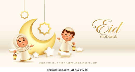 Islamic Eid Mubarak Celebration: Joyful Kids with Lanterns and Crescent Moon