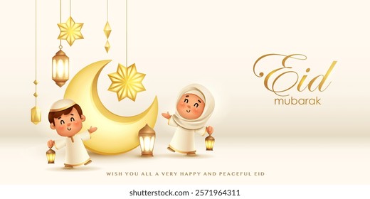 Islamic Eid Mubarak Celebration: Joyful Kids with Lanterns and Crescent Moon