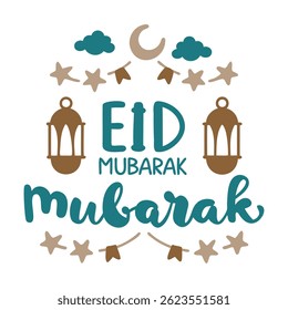 Projeto islâmico Eid Mubarak com crescente e lanternas