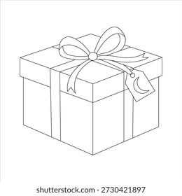 Islamic Eid Mubarak Gift Box Line Art Illustration with Crescent Moon Tag and Ribbon