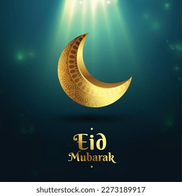 islamic eid mubarak glowing background with 3d golden moon vector 