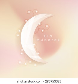 islamic eid mubarak greeting card vector illustration with soft subtle gradient mesh background and white crescent ornamented moon decorated with lights