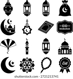 Conjunto de iconos islámicos y de Eid Mubarak. Ilustración vectorial de siluetas de mezquita, luna creciente con estrella, linternas, alfombras de oración y cajas de regalo aisladas sobre fondo blanco. Símbolos religiosos del Ramadán Kareem.