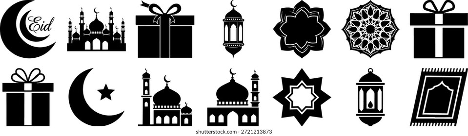 Conjunto de iconos islámicos y de Eid Mubarak. Ilustración vectorial de siluetas de mezquita, luna creciente con estrella, linternas, alfombras de oración y cajas de regalo aisladas sobre fondo blanco. Símbolos religiosos del Ramadán Kareem.