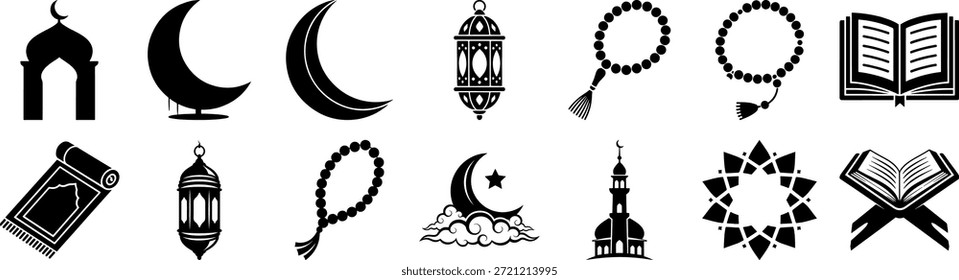 Conjunto de iconos islámicos y de Eid Mubarak. Ilustración vectorial de siluetas de mezquita, luna creciente con estrella, linternas, alfombras de oración y cajas de regalo aisladas sobre fondo blanco. Símbolos religiosos del Ramadán Kareem.