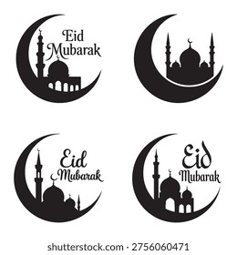 Islamic Eid Mubarak moon crescent mosque skyline silhouette festive design