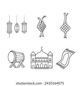 Islamic Eid Mubarak Ramadhan Idul Fitri themed vector icon set collection outline isolated on white background. Simple flat black and white monochrome minimalist cartoon art styled drawing.