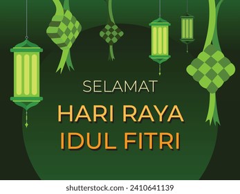 Islamic eid mubarak ramadhan kareem template with ketupat lebaran and lanterns themed green vector illustration horizontal background. Selamat hari raya idul fitri indonesia style.