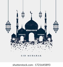 islamic eid mubarak stylish greeting with mosque and lamps