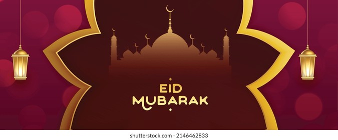 islamic eid mubarak wünscht Banner mit Moschee- und Laternendesign