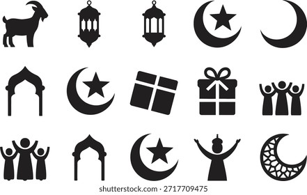 Conjunto de ícones da silhueta do eid islâmico, religião muçulmana crescente lanterna família vetor no fundo branco