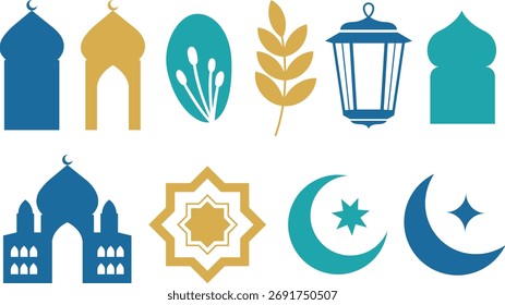Conjunto de elementos islámicos. Conjunto de Elementos de ícono de Ramadán musulmán, Elementos de Eid. Eid Mubarak
