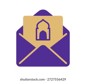 Icono de sobre islámico con silueta de mezquita, que representa la comunicación religiosa, invitaciones o saludos de Ramadán y Eid.