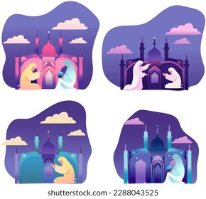 Islamic faith banner design. A devout Muslims pray namaz or salah as he faces the sunset, set against a mosque silhouette in the background. Vector.