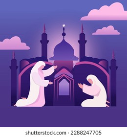 Islamic faith banner design. A devout Muslims pray namaz or salah as he faces the sunset, set against a mosque silhouette in the background. Vector.