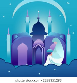 Islamic faith banner design. A devout Muslims pray namaz or salah as he faces the sunset, set against a mosque silhouette in the background. Vector.