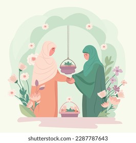 Islamic faith banner design. Joyful Muslim women celebrating together, exchanging presents, and extending congratulations to one another, with a flowers and leaves backdrop. Vector