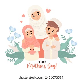 Islamic family. Cute muslim mother with her smiling children son and daughter. Happy Mother's Day card. Vector illustration in flat cartoon style