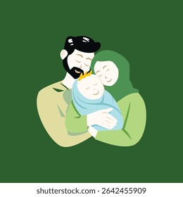 Família islâmica com pai, mãe, segurando e abraçando seu bebê recém-nascido. Família muçulmana e ilustração vetorial do dia do pai
