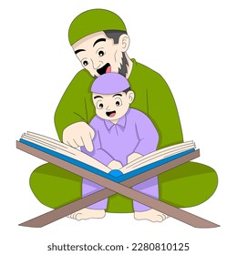 islamic family father and son reading holy bible. vector design illustration art