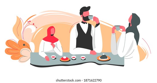 Islamic family of mother and father with daughter sitting by table drinking tea or coffee and communicating. Evening or morning in arabian house, characters having dinner. Vector in flat style