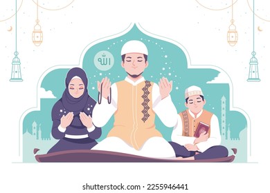 Islamische Familie beten zusammen Illustration